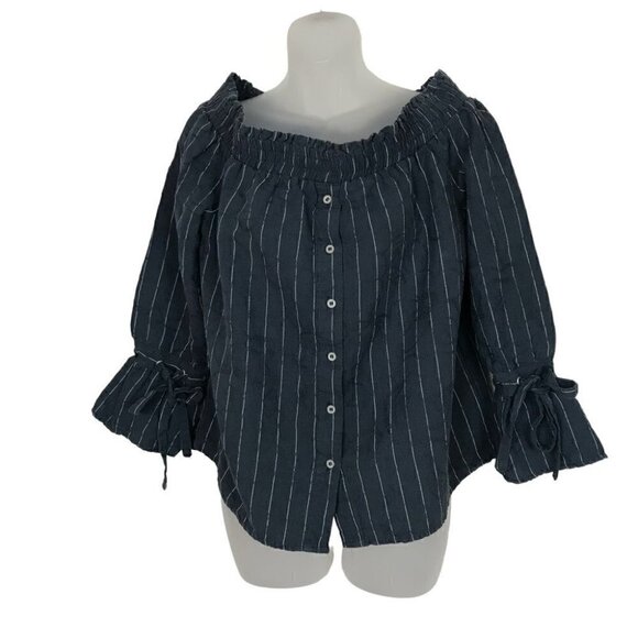 LUCKY Brand Navy Blue With White Stripes  Linen Cotton Mix Top Size M - Picture 1 of 8